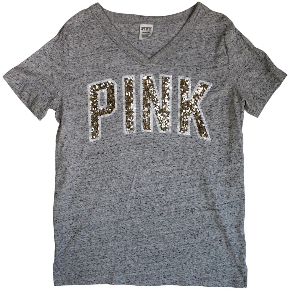 PINK Victorias Secret Sequin Bling T Shirt Women Small Gray Campus Y2K Tee